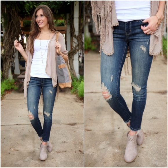 Denim - Dark Denim Distressed Skinny Jean